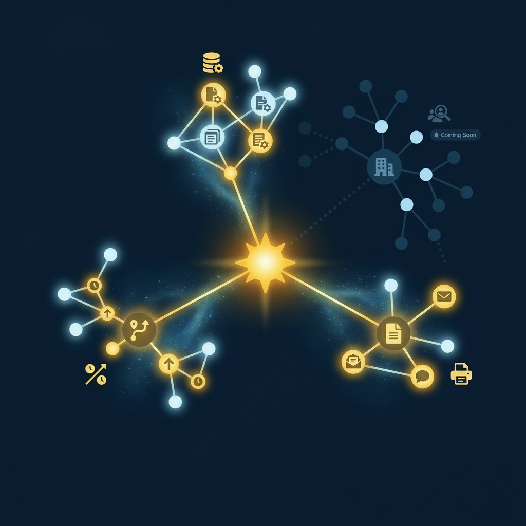 An illustration of a bright central star radiating out to clusters of document and career icons — representing your inventory feeding into generated documents — with a separate, dimmer, unconnected cluster labeled 'Coming Soon' representing organization support.